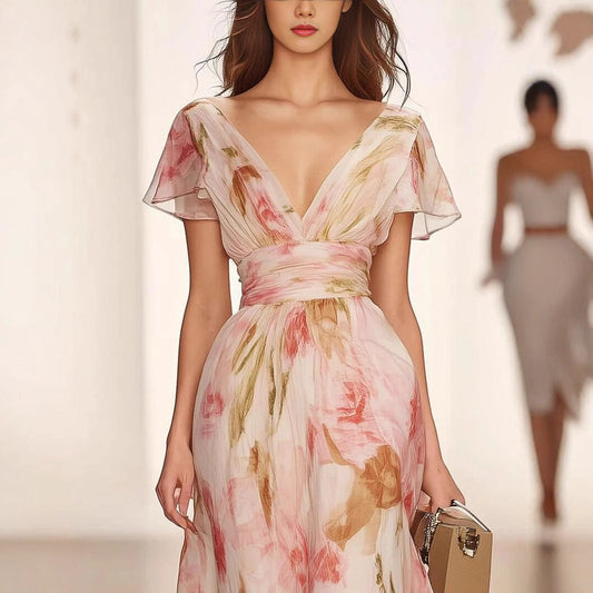 CM | Maxi Vestido de Mujer - Ajuste y Flare - Profundo cuello en V - Flutter Sleeve Floral Dress
