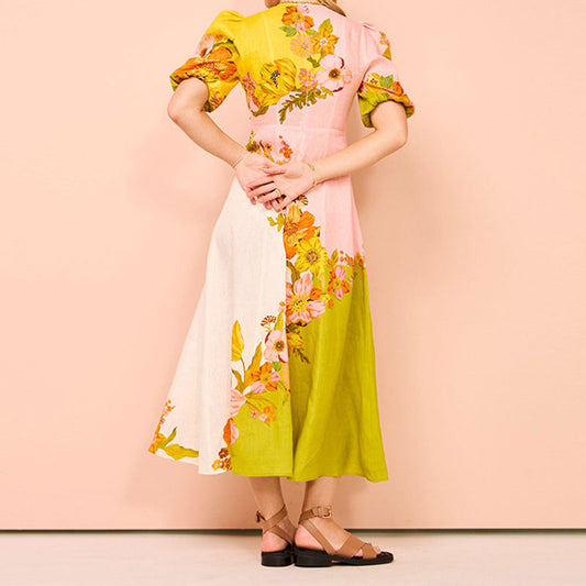 CM | Vestido midi de mujer - Cintura entallada - Mangas abullonadas - Estampado floral - Bajo acampanado - Slip-on