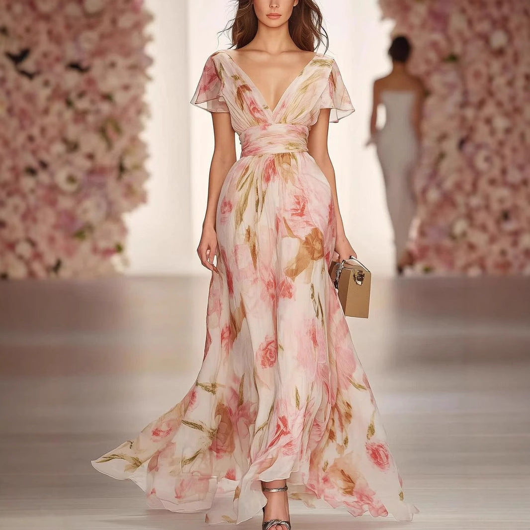 CM | Maxi Vestido de Mujer - Ajuste y Flare - Profundo cuello en V - Flutter Sleeve Floral Dress