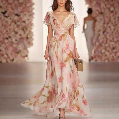CM | Maxi Vestido de Mujer - Ajuste y Flare - Profundo cuello en V - Flutter Sleeve Floral Dress
