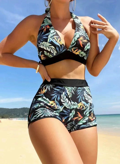 CM moda de las mujeres de la hoja de impresión correas divididas bikini traje de baño