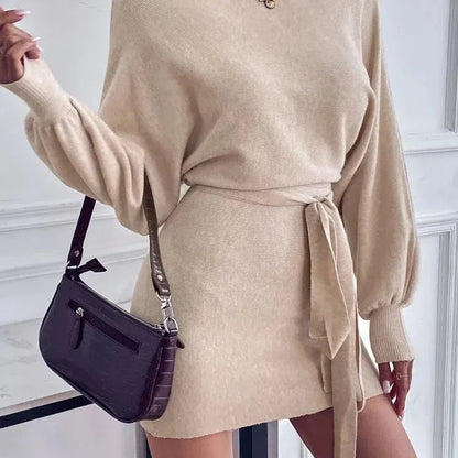 CM | Elegante vestido de manga larga bodycon mujeres lana mini vestido