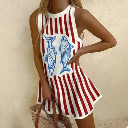 CM | Mujeres Puzzle Imprimir Verano Vestido Sin Mangas Sobre la Rodilla Mini Vestido Casual Tank Top Vestido de playa para las mujeres