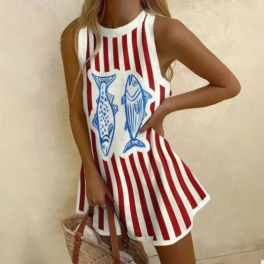 CM | Mujeres Puzzle Imprimir Verano Vestido Sin Mangas Sobre la Rodilla Mini Vestido Casual Tank Top Vestido de playa para las mujeres
