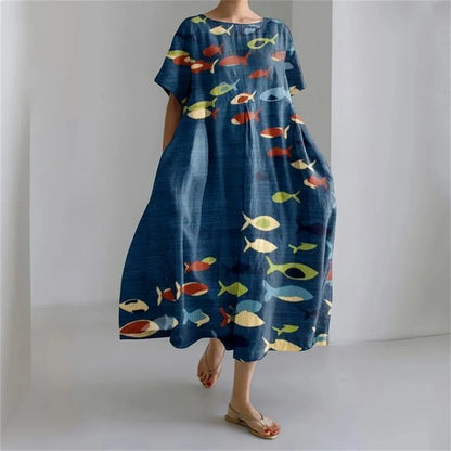 CM | Plus-Size Vestido de verano holgado con bolsillo y cuello en O Elegante vestido maxi de verano