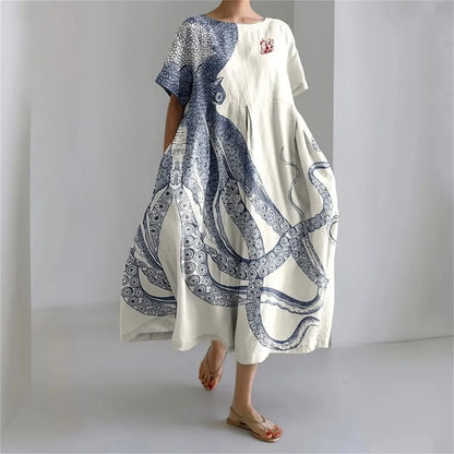 CM | Plus-Size Vestido de verano holgado con bolsillo y cuello en O Elegante vestido maxi de verano