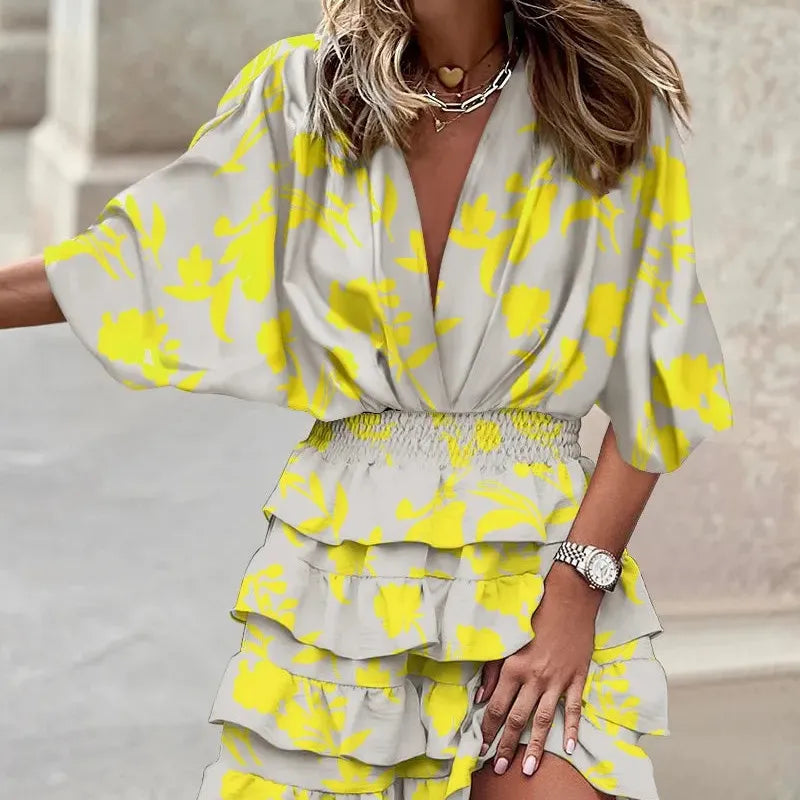 CM | Minivestido informal de mujer con cuello en V, mangas murciélago y dobladillo con volantes para el verano y las fiestas