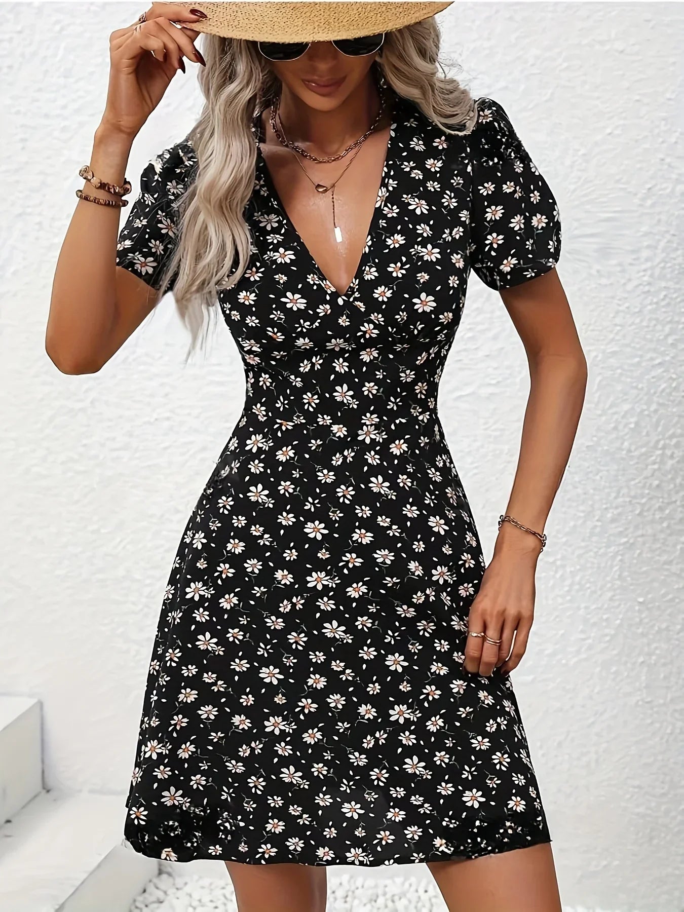 CM | Verano Mujeres Estampado Floral Mini Vestido Cuello en V Mangas Abullonadas Vestido Casual de Vacaciones para Salir y Fiesta