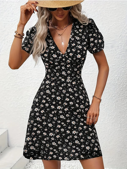 CM | Verano Mujeres Estampado Floral Mini Vestido Cuello en V Mangas Abullonadas Vestido Casual de Vacaciones para Salir y Fiesta