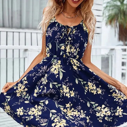 CM | Sexy Floral Imprimir Vestido Corto Mujeres Verano Moda Sin Espalda Sundress Sin Mangas Encaje Estilo Playa
