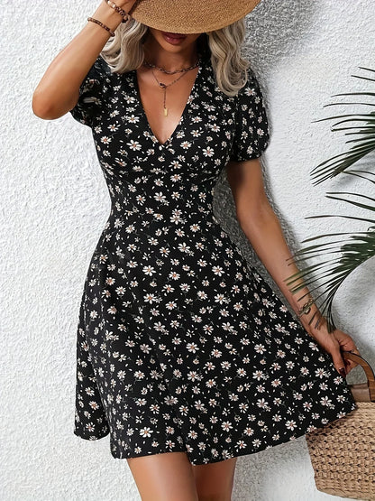 CM | Verano Mujeres Estampado Floral Mini Vestido Cuello en V Mangas Abullonadas Vestido Casual de Vacaciones para Salir y Fiesta