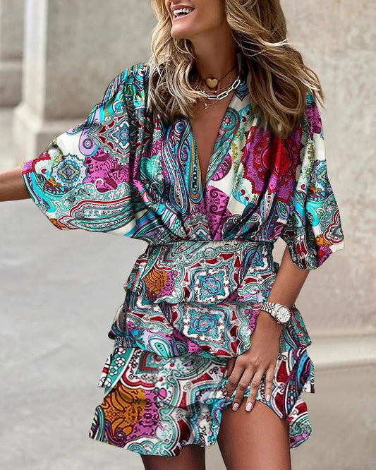 CM | Minivestido informal de mujer con cuello en V, mangas murciélago y dobladillo con volantes para el verano y las fiestas