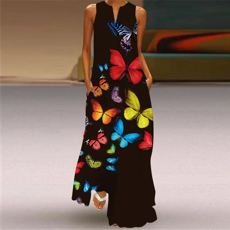 CM | Verano Sexy Maxi Vestidos Mujeres Sin Mangas Cuello en V Túnica Fiesta 2025 Retro Loose Beach Vestidos Y2k S-5XL