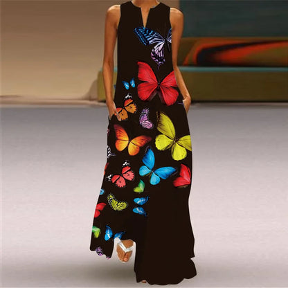CM | Verano Sexy Maxi Vestidos Mujeres Sin Mangas Cuello en V Túnica Fiesta 2025 Retro Loose Beach Vestidos Y2k S-5XL