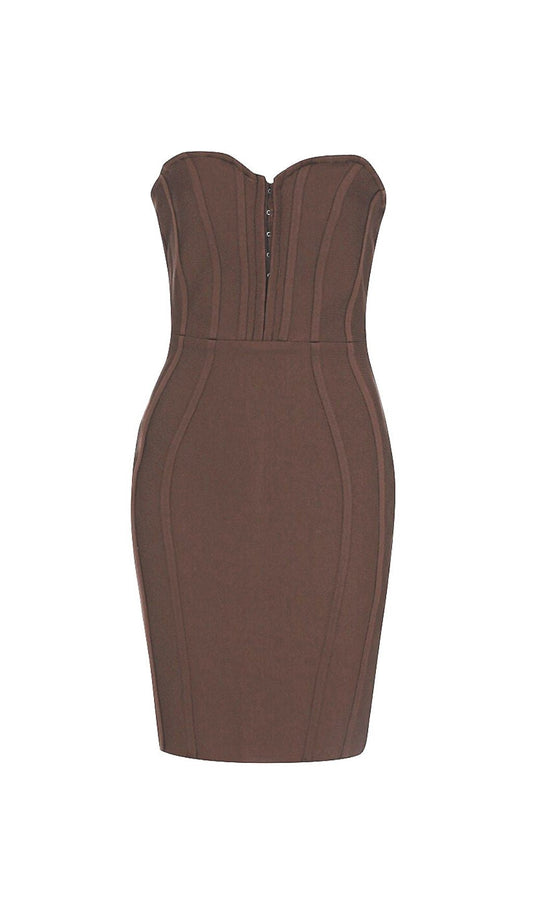 CM | MINI VESTIDO VENDAJE SIN TIRANTES EN MARRÓN