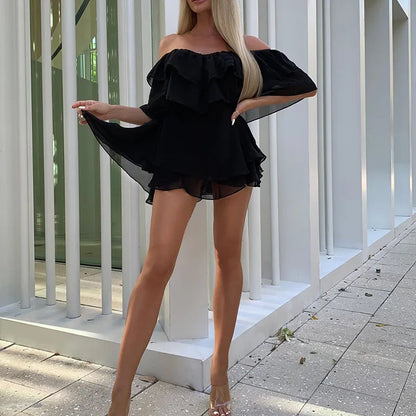 CM | Mujeres Vestido de Verano Manga Corta Off Shoulder Mini Vestido Ruffled A Line Beach Dress for Casual and Vacation Wear