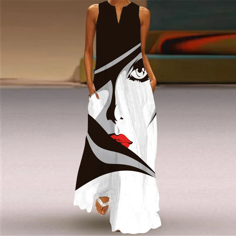 CM | Verano Sexy Maxi Vestidos Mujeres Sin Mangas Cuello en V Túnica Fiesta 2025 Retro Loose Beach Vestidos Y2k S-5XL