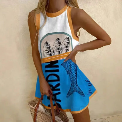 CM | Mujeres Puzzle Imprimir Verano Vestido Sin Mangas Sobre la Rodilla Mini Vestido Casual Tank Top Vestido de playa para las mujeres