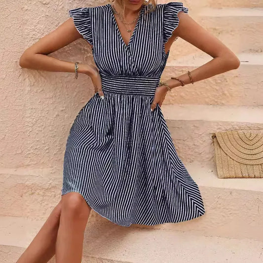 CM | Vestido de verano para mujer con rayas y mangas mariposa Mini vestido de vacaciones de moda en estilo europeo