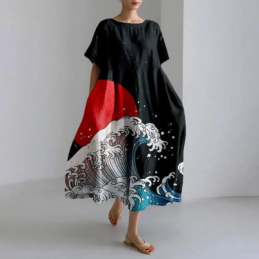 CM | Plus-Size Vestido de verano holgado con bolsillo y cuello en O Elegante vestido maxi de verano