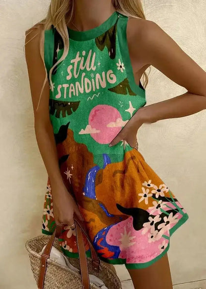 CM | Mujeres Puzzle Imprimir Verano Vestido Sin Mangas Sobre la Rodilla Mini Vestido Casual Tank Top Vestido de playa para las mujeres