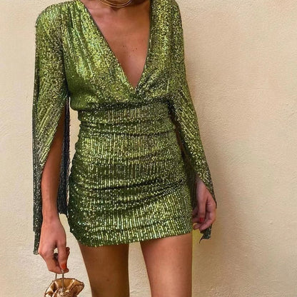 CM | elegante mini vestido de lentejuelas para mujer con mangas murciélago
