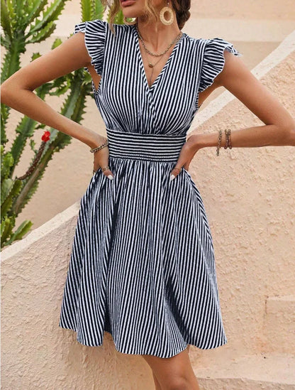 CM | Vestido de verano para mujer con rayas y mangas mariposa Mini vestido de vacaciones de moda en estilo europeo