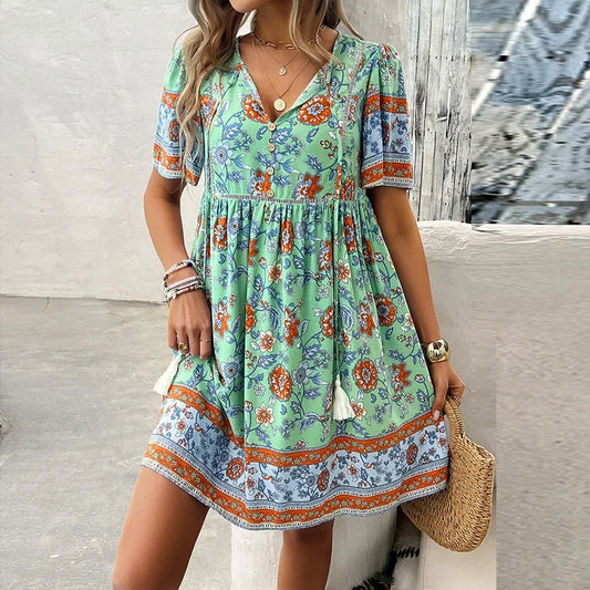 CM | Ariana™ Floral boho mini vestido con escote en V