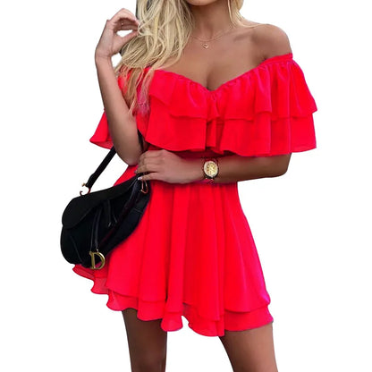 CM | Mujeres Vestido de Verano Manga Corta Off Shoulder Mini Vestido Ruffled A Line Beach Dress for Casual and Vacation Wear