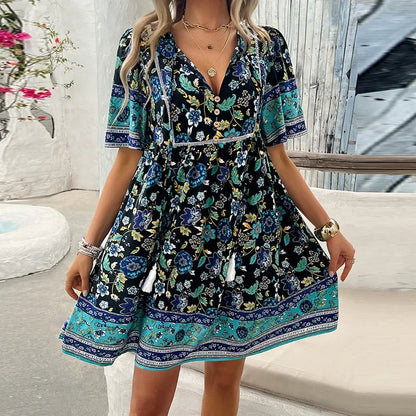 CM | Ariana™ Floral boho mini vestido con escote en V