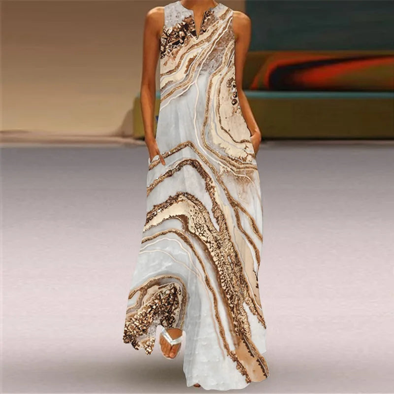 CM | Verano Sexy Maxi Vestidos Mujeres Sin Mangas Cuello en V Túnica Fiesta 2025 Retro Loose Beach Vestidos Y2k S-5XL