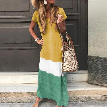 CM | 2024 moda cuello en v jersey de manga corta vestido boho