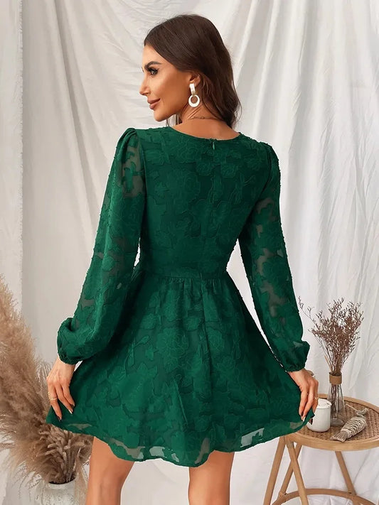 CM | 2024 Sexy mini vestido boho verde de manga larga y escote en A