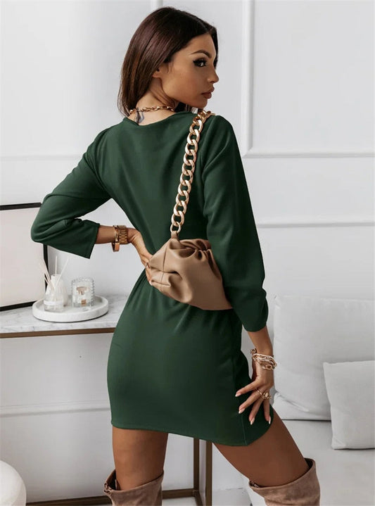 CM | Vestidos de color sólido Cuello en V manga larga delgado mini vestido