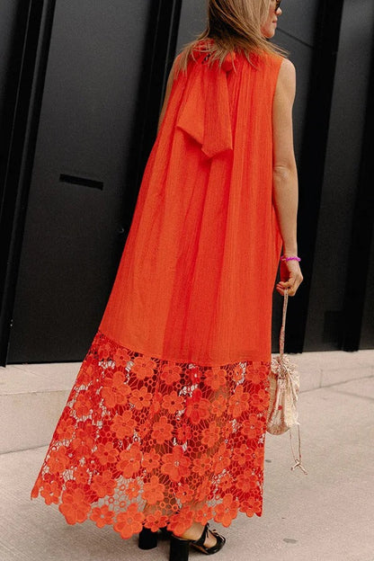 CM | Breezy Comfort escote de corbata maxi vestido sin mangas con dobladillo de encaje floral