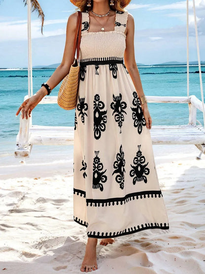 CM | maxi vestido estampado con tirantes anchos y fruncidos