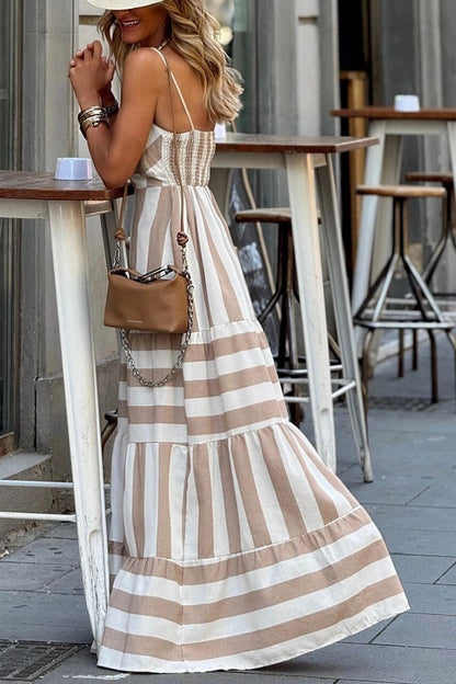CM | maxi vestido de verano con estampado de rayas y volantes sin espalda