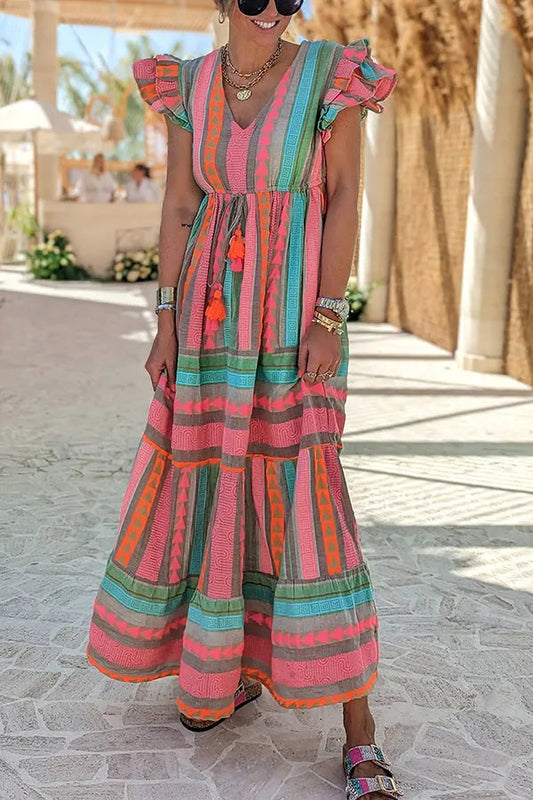 CM | Sunlit Magic Mezcla de Lino Estampado Étnico Manga con Volantes Maxi Vestido con Borlas