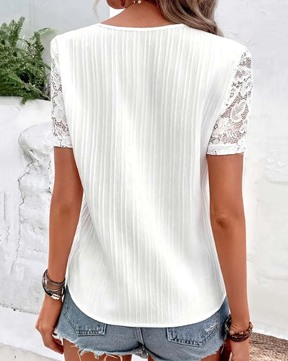 CM | Blusa con cuello en V, monocolor, con costura de encaje