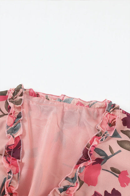 CM | maxi vestido escotado con volantes y estampado floral en rojo pastel