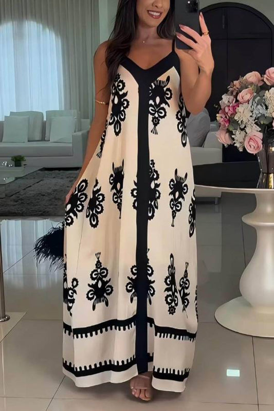 CM | Elegante maxi vestido casual patchwork con estampado étnico