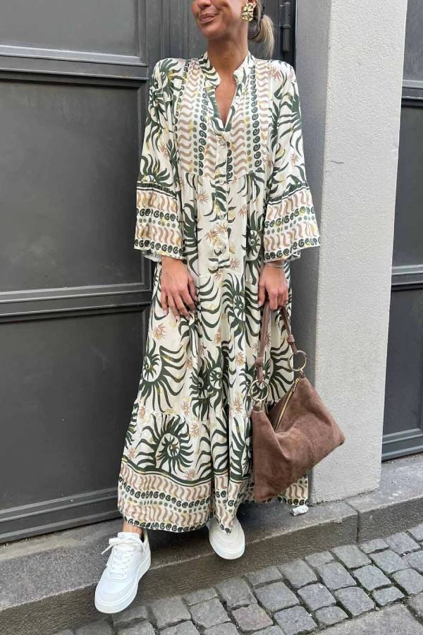 CM | Vestido maxi casual con mangas trompeta y estampado étnico
