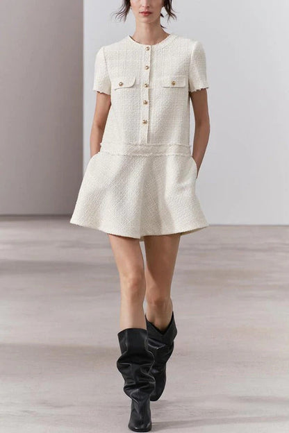 CM | 1960s London Girl tweed texturizado botón dorado manga corta bolsillo mini vestido