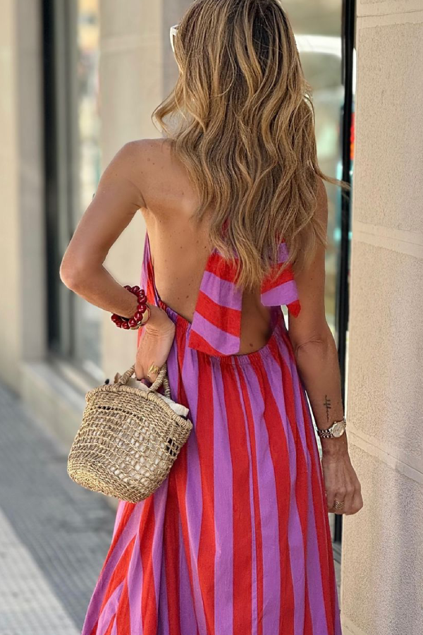 CM | Vestido largo sin espalda de rayas rojas casual