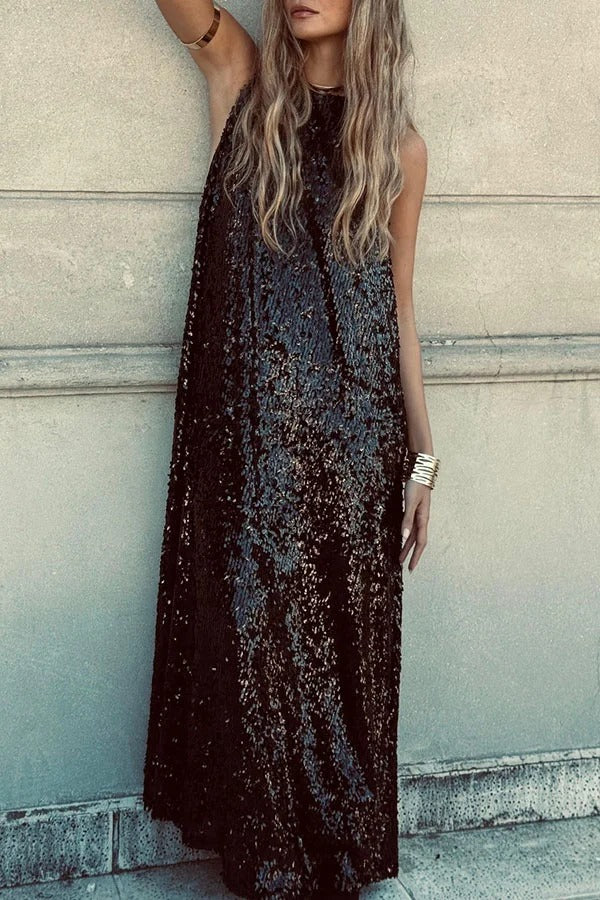 CM | Twas The Night Lentejuelas Cuello Redondo Sin Mangas Drapeado Suelto Maxi Vestido