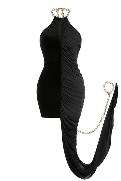 CM | Asimétrico Cadena Halter Drapeado Ruched Terciopelo Panelled Jersey Vestido de Fiesta
