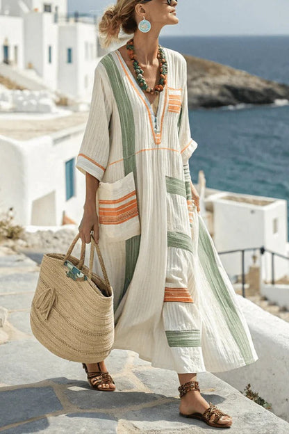 CM | Cuello en V estampado a rayas Vestido maxi casual con bolsillo