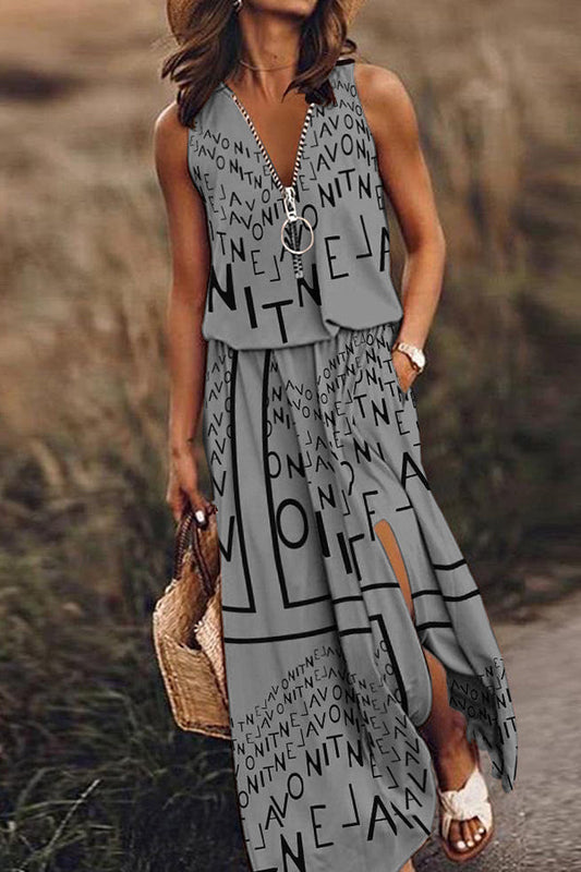 CM | Vestido largo sin mangas mujeres casuales cintura cremallera carta vestido