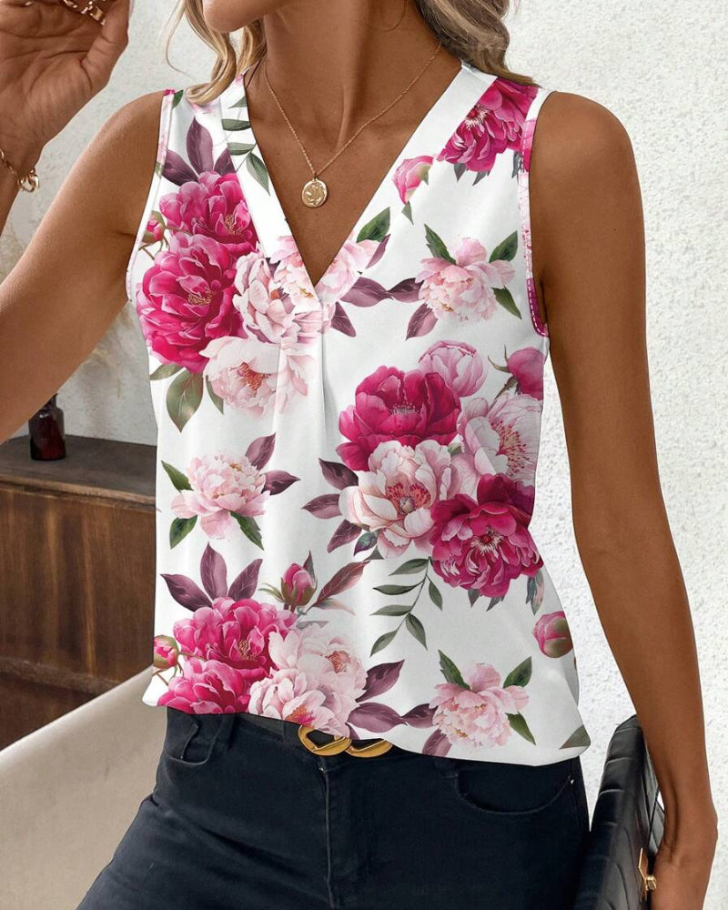 CM | A Blusa sin mangas de escote redondo con estampado de rosas