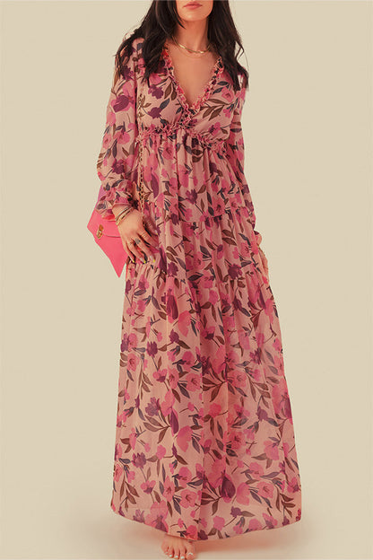CM | maxi vestido escotado con volantes y estampado floral en rojo pastel